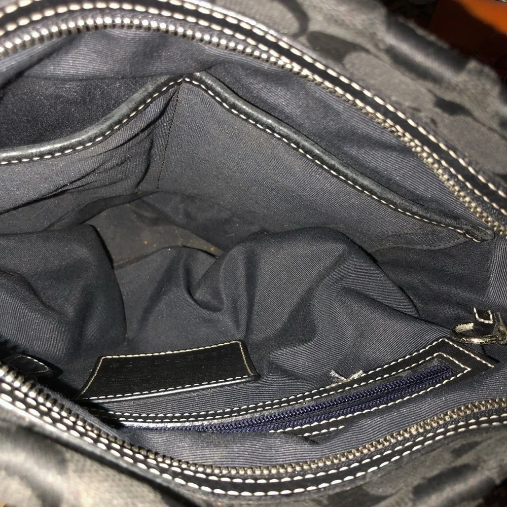 Coach black canvas monogram shoulder bag , leather trim see matching pieces